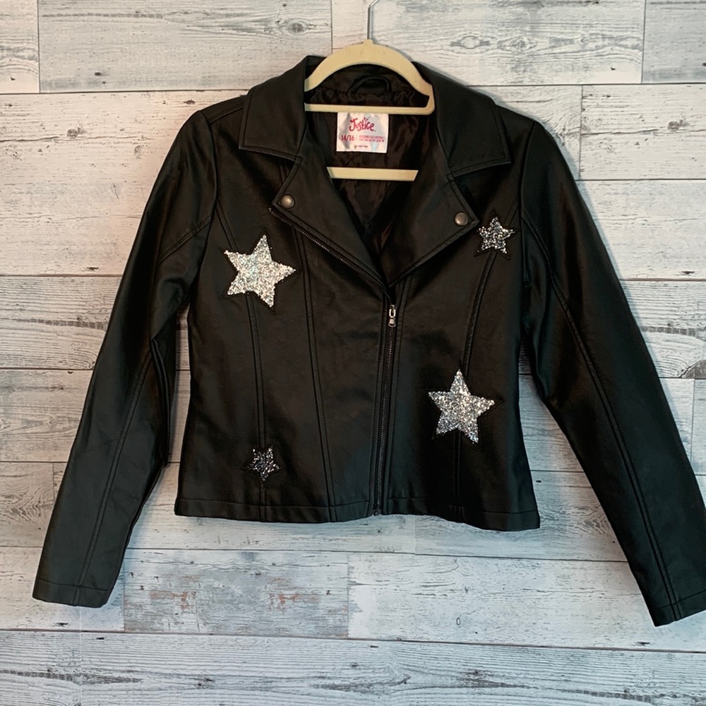 Justice Girls Black with Silver Glitter Star Moto Jacket